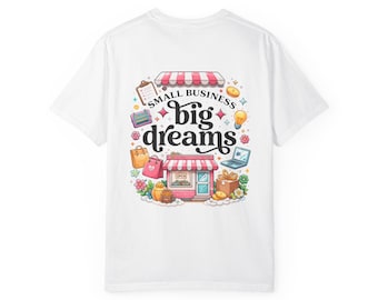 Camiseta "Pequenos Negócios, Grandes Sonhos" | Camiseta com Ilustração de Fachada de Loja Empreendedora