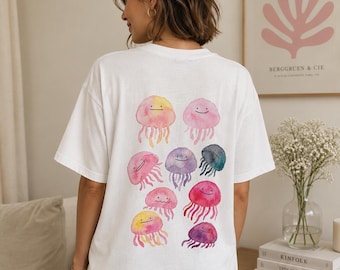 Camiseta com estampa de água-viva em aquarela | Camiseta com tema oceânico e divertido
