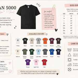 Pode incluir: Uma t-shirt preta Gildan 5000 de algod&atilde;o pesado exibida com um guia de tamanhos em polegadas, detalhes do produto, instru&ccedil;&otilde;es de cuidado e uma paleta de vinte cores dispon&iacute;veis, incluindo branco, areia, laranja, bordeaux e verde floresta.