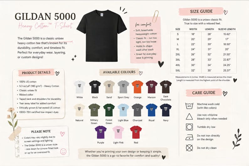 Pode incluir: Uma t-shirt preta Gildan 5000 de algod&atilde;o pesado exibida com um guia de tamanhos em polegadas, detalhes do produto, instru&ccedil;&otilde;es de cuidado e uma paleta de vinte cores dispon&iacute;veis, incluindo branco, areia, laranja, bordeaux e verde floresta.