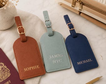 Personalised Luggage Tag | Custom Faux Leather Travel Tag | Name, Initials or Text | Gold Silver Rose Gold Foil Gift