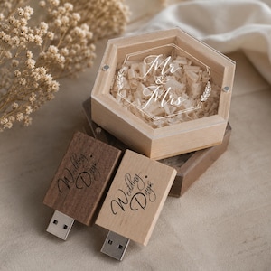 Personlig trä-USB-ask med hexagon och graverat akryllock | Bröllops-USB-minne | Anpassad logotyp
