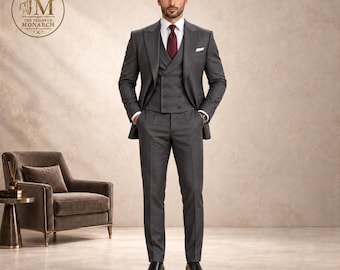 Traje de negocios gris carbón para hombre, traje formal ejecutivo de tres piezas a medida.