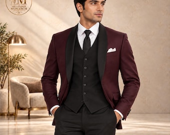 Men's Burgundy Black Tuxedo 3 Piece Wedding Suit, Black Satin Shawl Lapel Groom Suit, Black Vest Pants, Formal Evening Wear