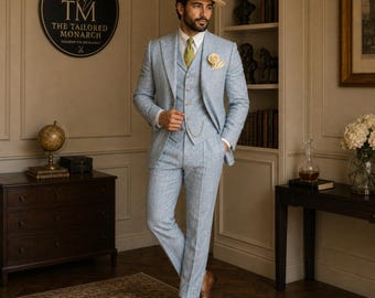 Light Blue Linen 3-Piece Suit for Men, Summer Wedding Groom Suit, Vintage Tailored Style
