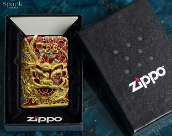 Zippo Chinese Dragon Enamel Lighter Red Gold Ornate Relief Design Luxury Artistic Zippo Collectible Gift