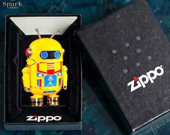 Cute Robot Lighter Zippo Style, Yellow Retro Droid Design Collectible Gift for Him Birthday Gift Mens Accessories Unique Fun Piece
