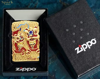 Festive lion dance Zippo lighter collectible, red gold cultural design piece, birthday gift, gift for him, anniversary gift, mens gift idea