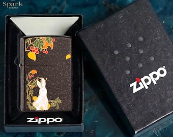 Elegant Rabbit Art Zippo Lighter Gift, Floral Japanese Style Design, Collectible Men Accessory, Birthday Gift for Him, Anniversary Gift Idea