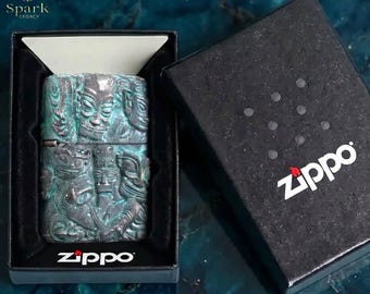 Ancient Tribal Zippo Lighter, Vintage Carved Mask Design, Collectible Gift for Him, Unique Mens Accessory, Birthday Anniversary Gift Idea