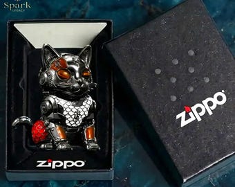 Cyber Cat Robot Lighter Zippo Style, Futuristic Mechanical Kitty Design Collectible Gift for Him Birthday Gift Mens Accessories Unique