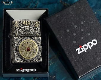 Zippo Feng Shui Coin Lighter Antique Silver Engraved Chinese Symbol Design Yin Yang Bagua Style Collectible Zippo Gift