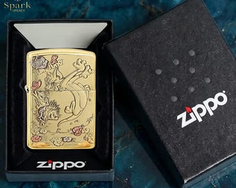 Cartoon engraved Zippo lighter collectible, playful cat mouse design, gold finish gift for him, birthday gift, mens accessory idea cool