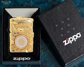 Luxury gold fortune coin Zippo lighter collectible, ornate wealth symbol design piece, birthday gift, gift for him, anniversary gift