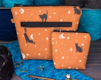 Knitting Project Bag | Tools for Knitters | Tiny, Small, Medium, or Large | Cats with Moons and Stars