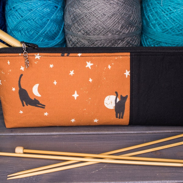 Knitting Needle Case for 10" or 14" Needles | Tools for Knitters | Cats with Moons and Stars