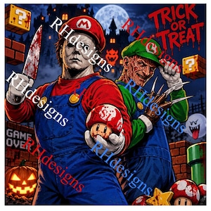 May include: A graphic illustration featuring two characters dressed in blue overalls, one wearing a red hat and Michael Myers mask holding a bloody knife, the other in a green hat and Freddy Krueger mask with clawed gloves, with text reading TRICK OR TREAT.