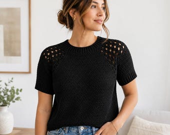 Handmade Black Crochet Sweater | Lightweight Summer Top | Sizes XS-3XL | ENGLISH US Terms