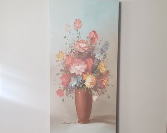 Original Oil Painting on Canvas Still Life Flowers Floral Artist Signed Robert Cox Pastels 24" x 12" #8732