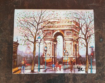 Signed Oil Painting on Canvas over Board Paris Street City Scene Arc de Triomphe 4 1/2" x 5 3/4" Small Cityscape