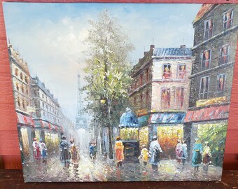Original Oil Painting on Canvas Impasto Palette Knife Paris France  Eiffel Tower Street Scene Thick Paint City #8773