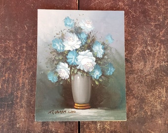 Original Oil Painting on Board Still Life Flowers Floral Artist Signed Robert Cox Blue Roses 10" x 8" #8699 Hard to Find Color