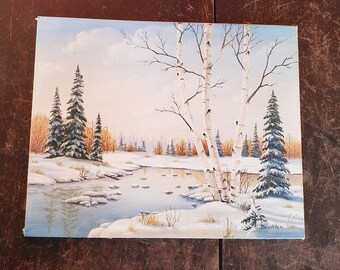Signed Oil Painting on Board Landscape Lake Pond Winter Snow Birch Trees 8" x 10" Small # 8794