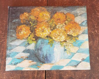 Original Oil Painting on Canvas Still Life Flowers Floral Artist Signed Minelli Thick Paint 8" x 10" Small Vintage 1960's