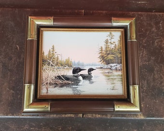 Original Serigraph Painting on Canvas Signed C. Carson Framed Loons Ducks Lake Pond Landscape 8" x10" #8786