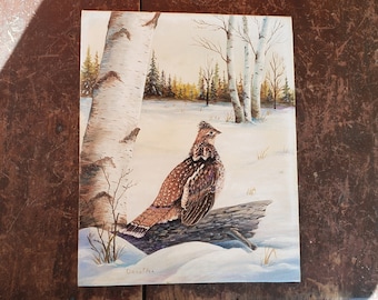 Signed Oil Painting on Board Ruffed Grouse Bird Winter Snow Birch Trees 10" x 8" Small # 8793