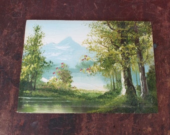 Original Oil Painting on Canvas on Board Signed Landscape Spring Summer Trees River Lake 5" x 7" #8822 Small