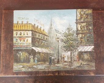 Signed Burnett City Scene Downtown European Metro City Center Square People Canvas Cityscape