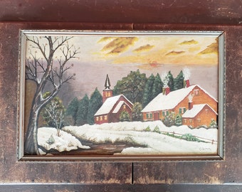 Original Vintage Artist Signed Oil Painting Winter Snow Cottage House Church Landscape Trees Creek #8800