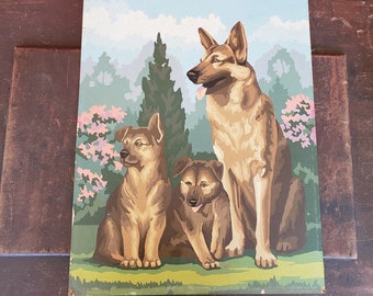 Paint By Number Oil Painting German Shepherd with Puppies Vintage PBN # 8770