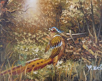 Original Oil Painting on Canvas Signed White Pheasant Landscape Autumn Fall Small 10" x8" #8782