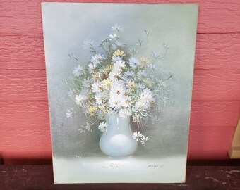 Original Oil Painting on Board Still Life Flowers Floral Artist Signed Marid Yellow Blue White Green 20" x 16" #8789 Vintage
