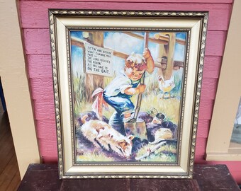 Labor of Love Painting on Canvas Boy and Dog Digging for Worms Framed Vintage Copy Raymond James Stuart Calendar Top