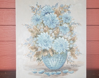 Original Oil Painting on Canvas Blue Flowers Thick High Relief Paint Floral Artist Signed Irene Butschli Vintage # 8729