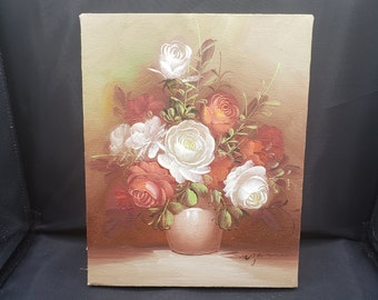 Original Oil Painting on Canvas Still Life Flowers Floral Artist Signed Brown Orange White Vintage #8637 9 3/4" x 8 Small
