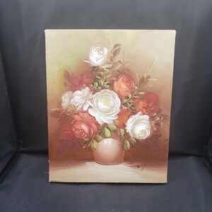 Original Oil Painting on Canvas Still Life Flowers Floral Artist Signed Brown Orange White Vintage 8637 9 3/4 x 8 Small image 1