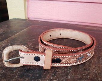 Tooled Colored Leather Belt Size 27-31 Wild Horses Mustangs Broncos Vintage #8804 Mexico