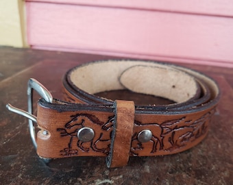 Tooled Brown Leather Belt Size 36-41 Wild Horses Mustangs Broncos Vintage #8803