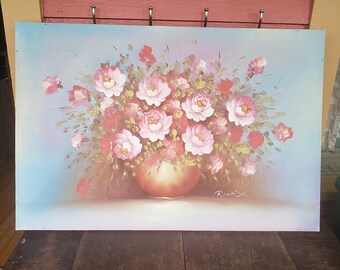 Original Oil Painting on Canvas Still Life Flowers Floral Artist Signed Robert Cox Pink Red Roses Large 24" x 36" #8778