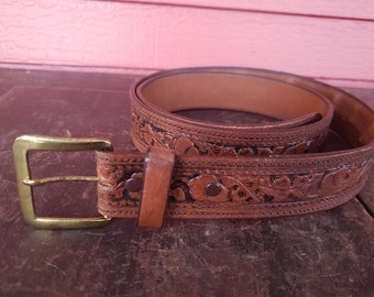 Tooled Leather Belt Acorns Oak Leaves Vogel of Texas Inside Zipper Size 43-46 Vintage #8653