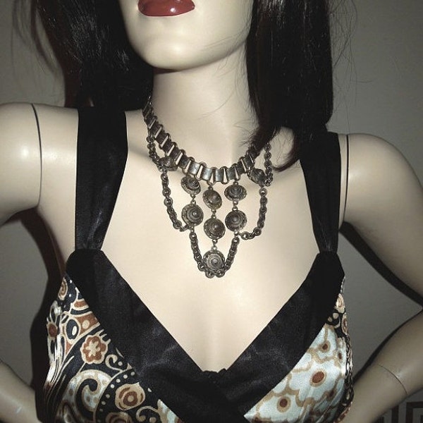 Filigree Chain Bib Necklace Choker Vintage Tribal Silver Tone Fancy