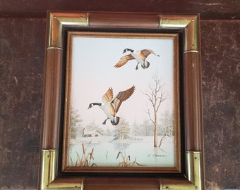 Original Serigraph Painting on Canvas Signed C. Carson Framed Canadian Geese Goose Farm Barn Lake Pond Landscape 10" x8" #8787