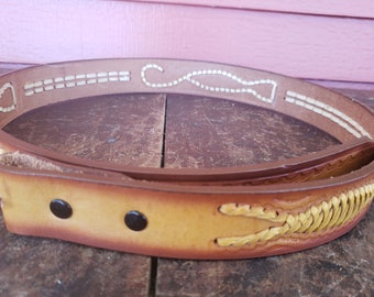 Tooled Leather Braided Belt Size 35-38 Vintage #8798 Vintage Like New
