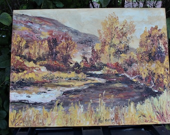 Signed Nilson Original Oil Painting on Thick Heavy Board Impasto Palette Knife Landscape River Woods Fall Autumn Forest Mountains