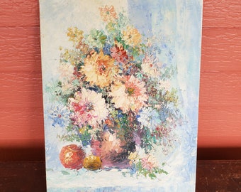 Original Oil Painting on Canvas Still Life Flowers Floral Blue Rainbow 16" x 12" Thick Palette Knife