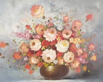 Original Oil Painting on Canvas Still Life Flowers Floral Artist Signed Stemple Multi Colored Vintage #8780 24" x 36" Large